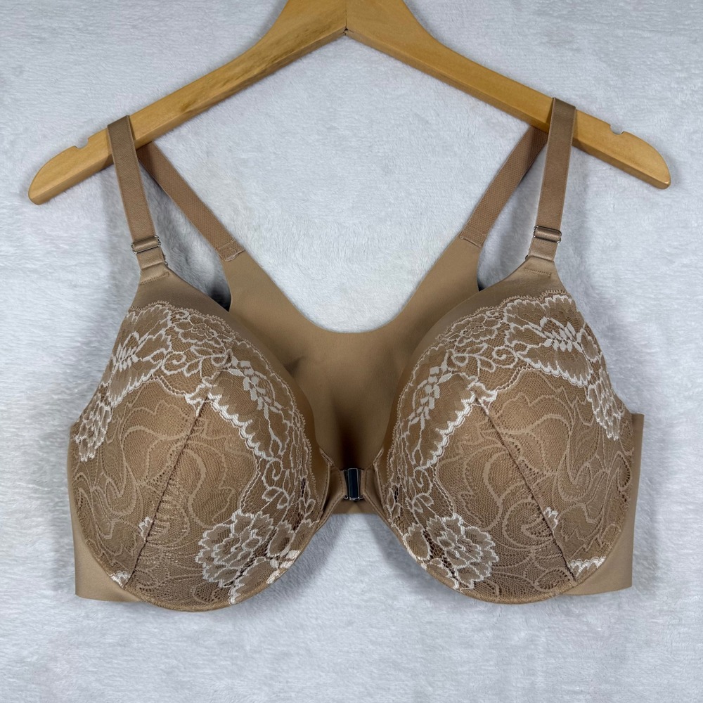 Soma Vanishing Back Front Close Lace Trim Bra 38DD Tan Beige 011801